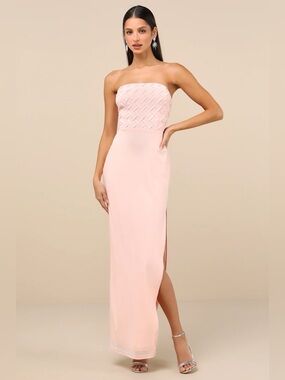 Lulu's Strapless Light Pink Mesh Rhinestone Column Gown
